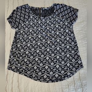 Lucky Brand Women's Short Sleeve Top with Zipper Back, Size L, Black